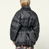 Belted Balloon Sleeve High Neck Side Pocket Quilted Coat - Black